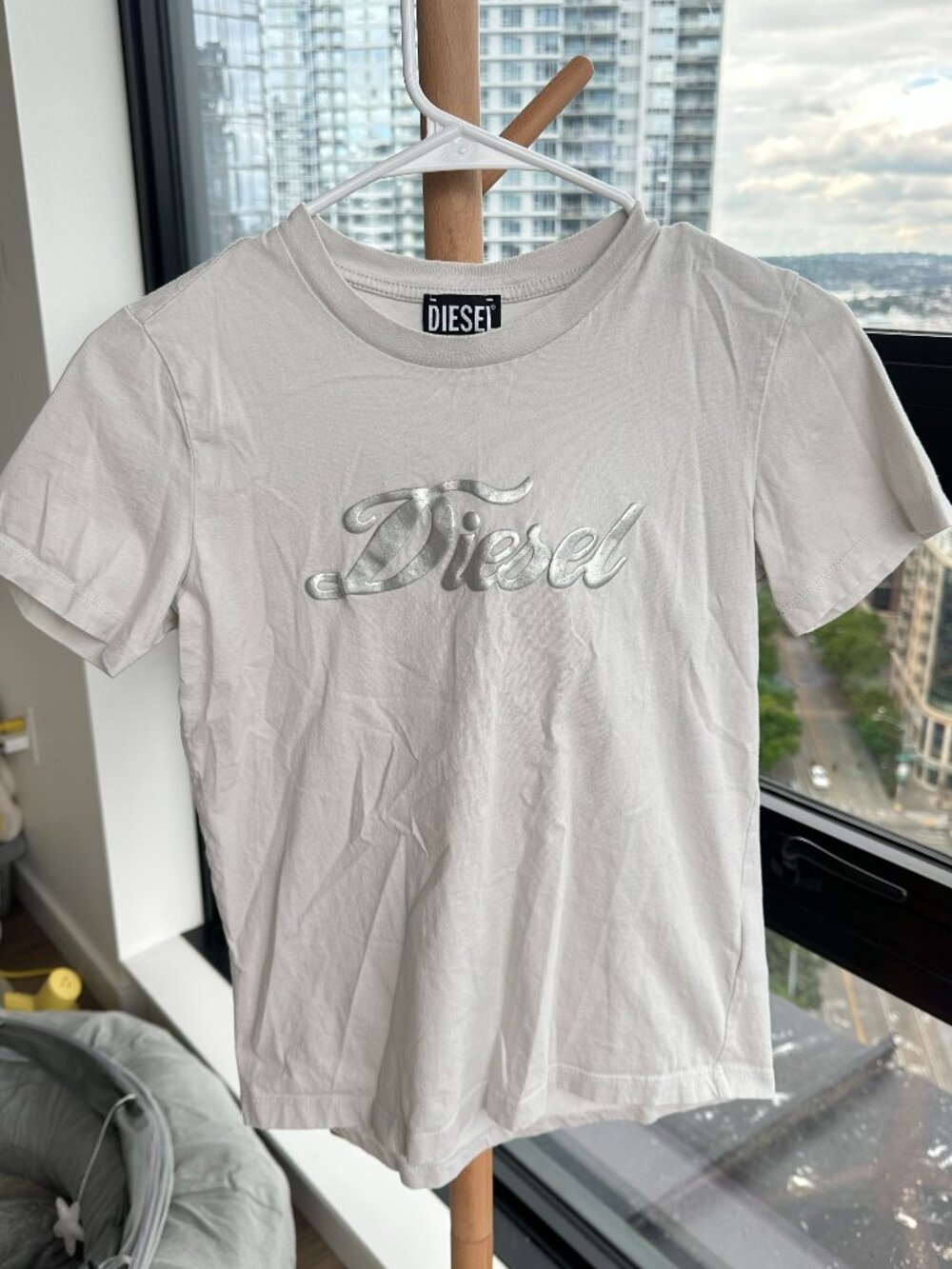 Diesel Silver Embossed Script Logo Tee White Authenticity QR Tag